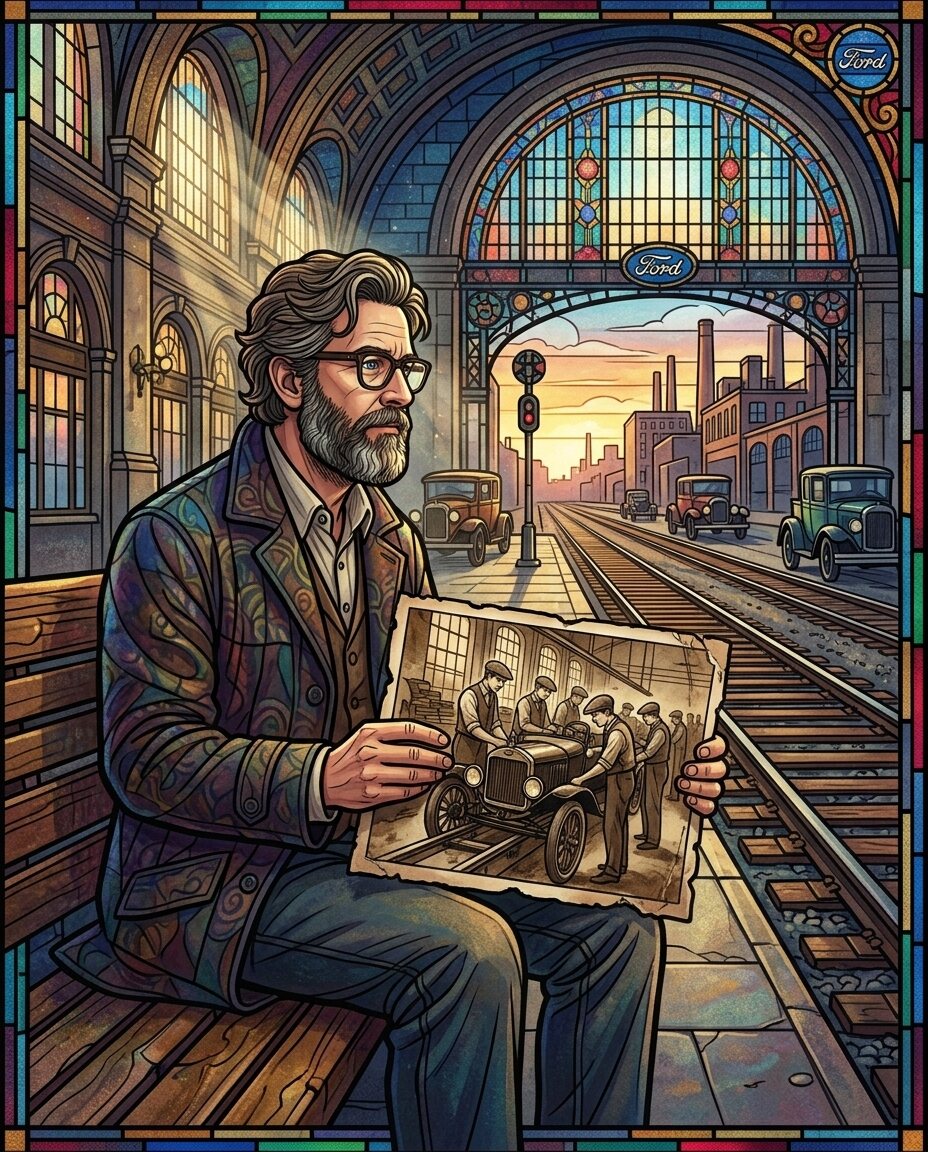The photograph is curled at the edges, a sepia-toned window into the day the first Model T rolled off the Piquette Avenue line.