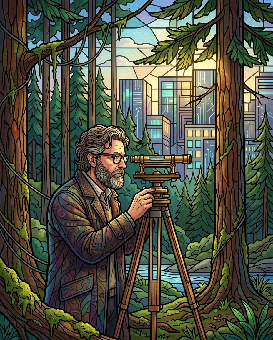 I am steadying a brass transit level, its heavy lens aimed at a Douglas fir that refuses to move for the march of wires.