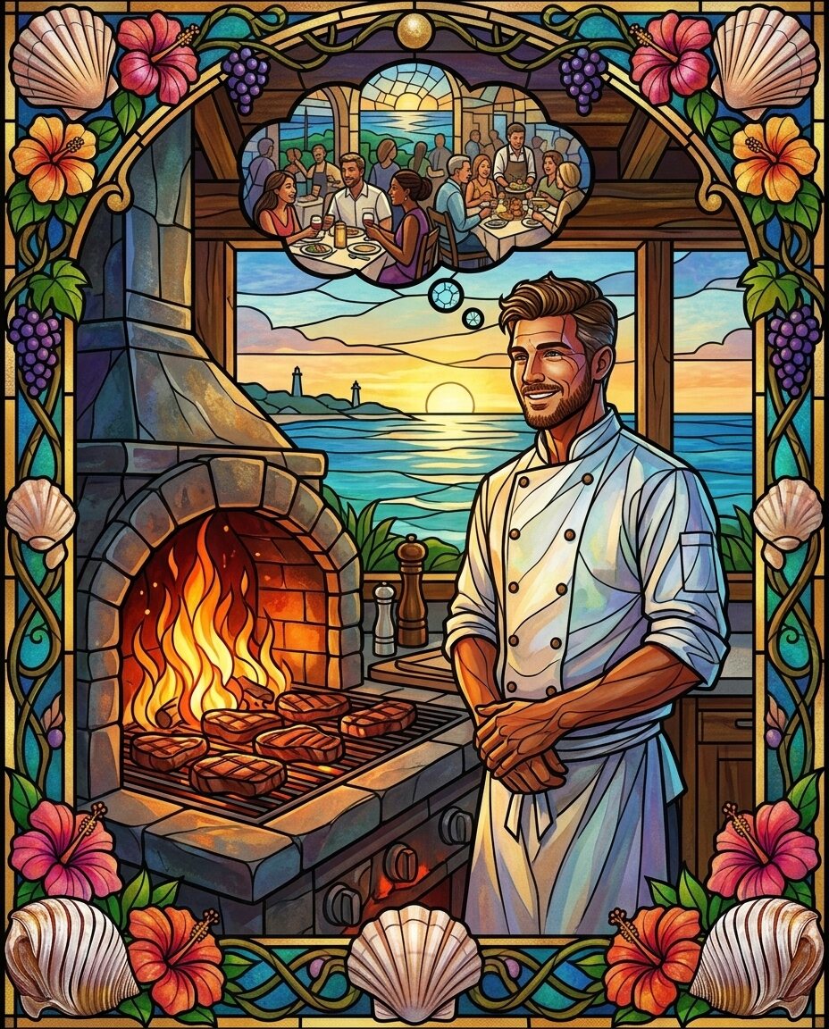 Inside the restaurant kitchen the wood fire flamed high
