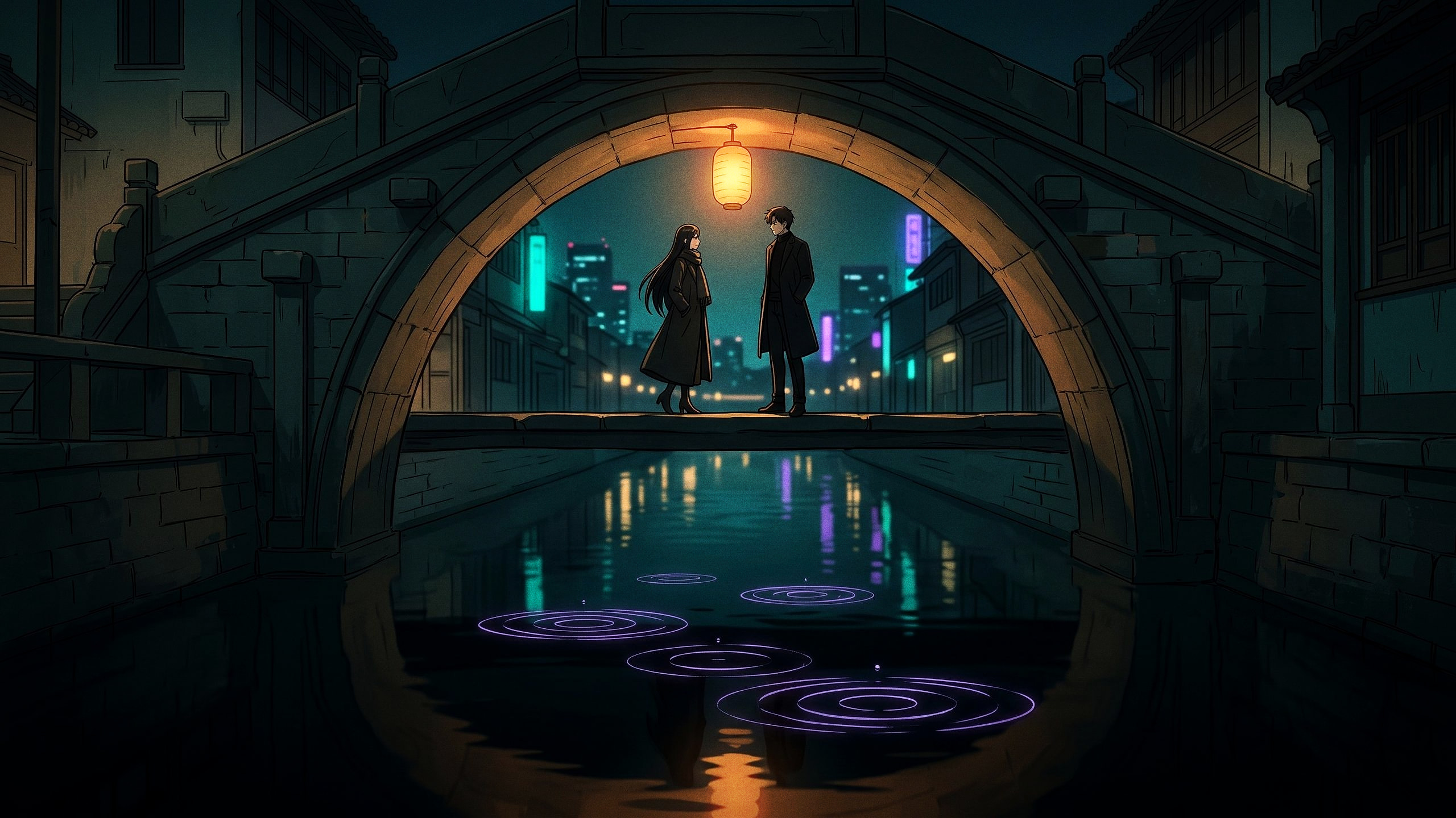 Haeun and Kai on an old stone footbridge under a paper lantern, violet rings pulsing in the canal below.